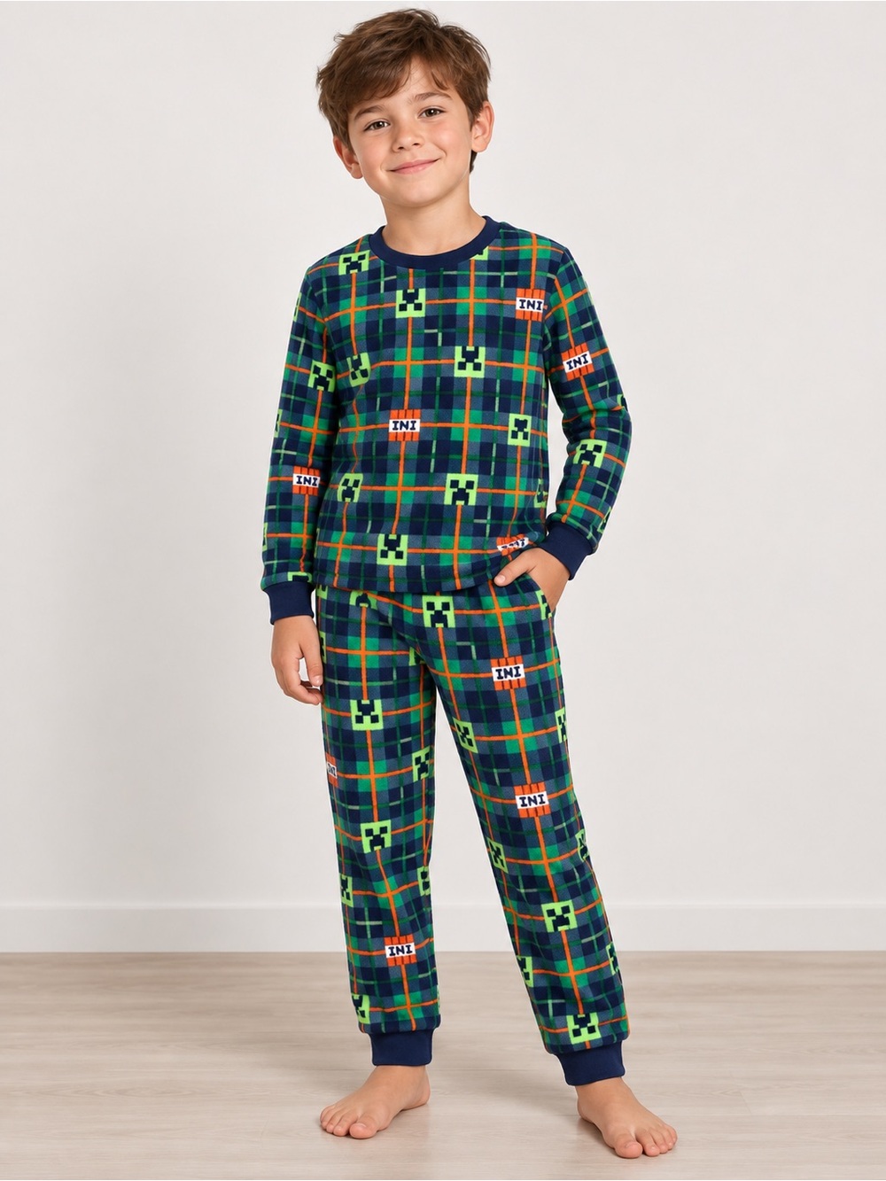 Minecraft Boys Fleece Pajama Set Size S 6/7 Green Plaid Creeper TNT